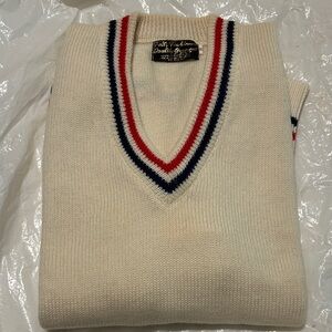 Classic V-Neck Tennis Sweater with Red and Blue Accents